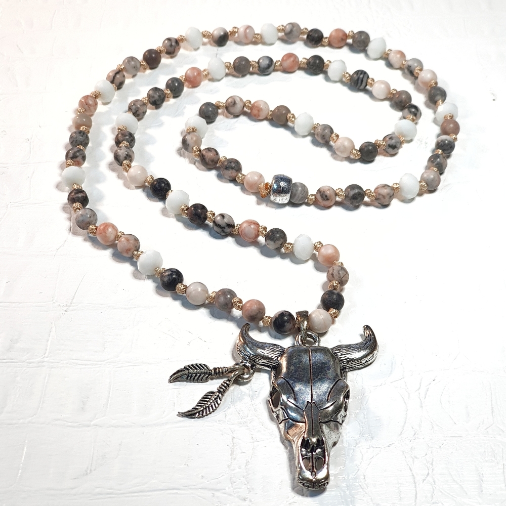 Boho Bull Pendant Knotted Pink Jasper & White Crystals Beads Long Necklace